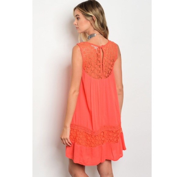 Coral Sleeveless Crochet Shift Dress - Picture 2 of 6